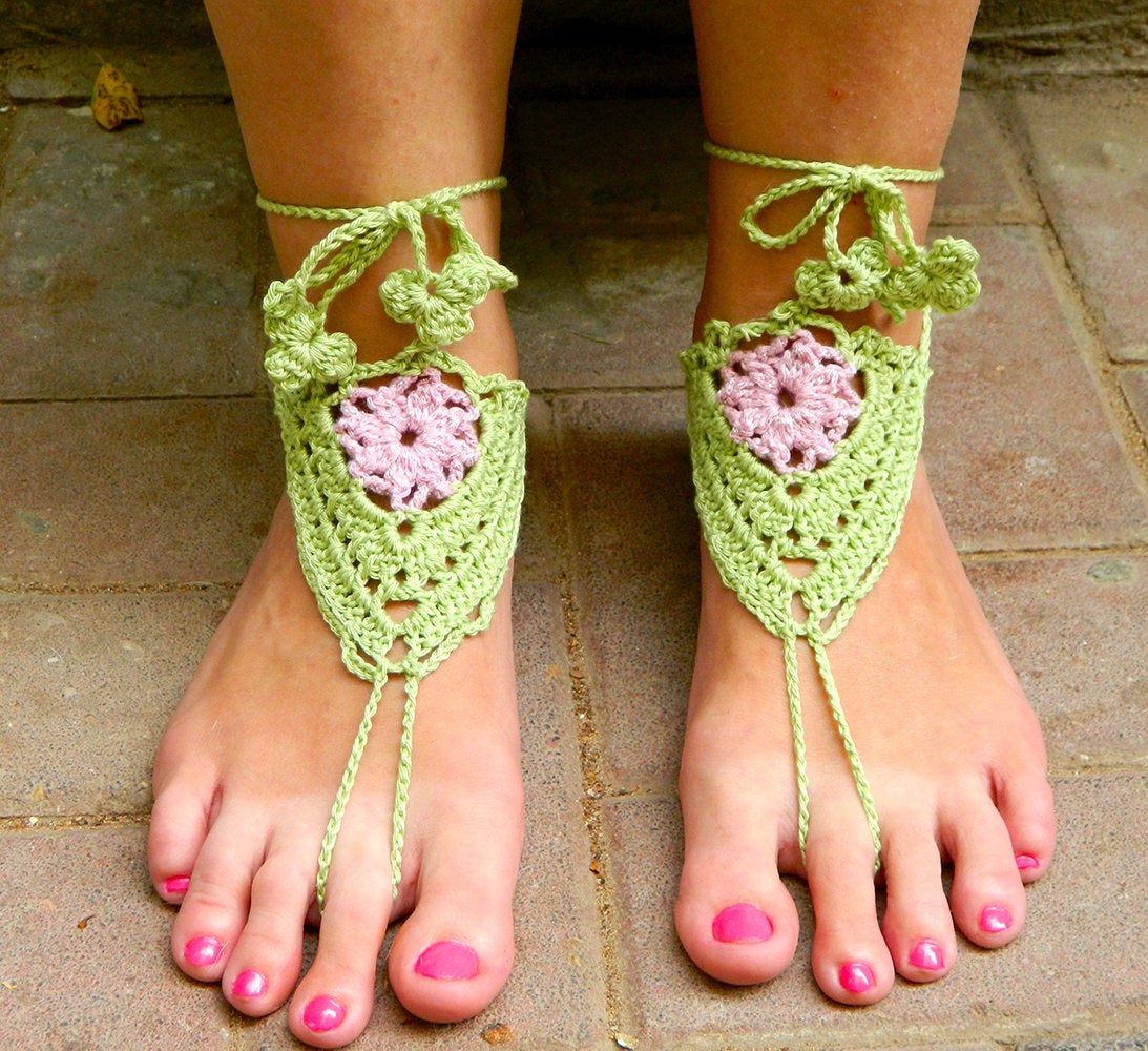 Green Crochet Sandals Barefoot Sandals With Pink Flower Beach Wedding